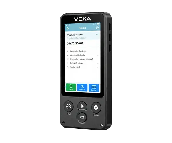 VEXA Wallet hardware device with secure display screen, physical buttons, and USB-C connectivity for offline cryptocurrency storage